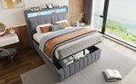 Upholstered Bed 140x200cm, LED & USB, Hydraulic Storage, Linen Fabric Gray