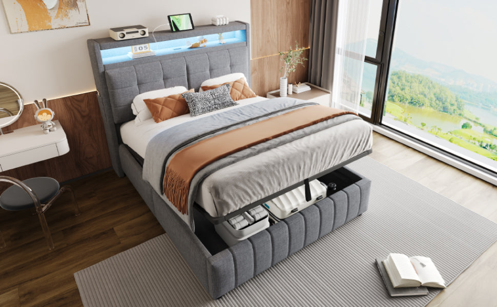 Upholstered Bed 140x200cm, LED & USB, Hydraulic Storage, Linen Fabric Gray