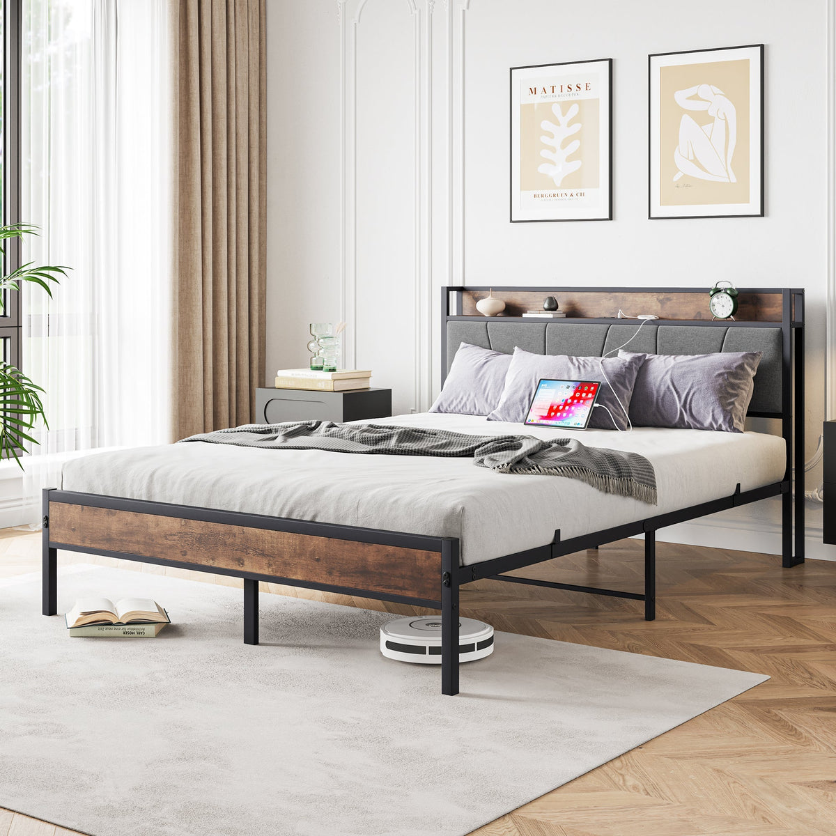 Bed Frame 140x200cm Smart LED USB Metal Slatted Noise-Free, Metal