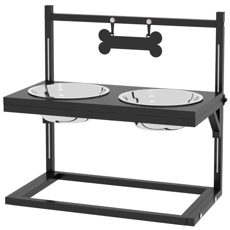 Feeding Station, Raised Bowls, Stainless Steel, Black + Silver