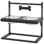 Feeding Station, Raised Bowls, Stainless Steel, Black + Silver