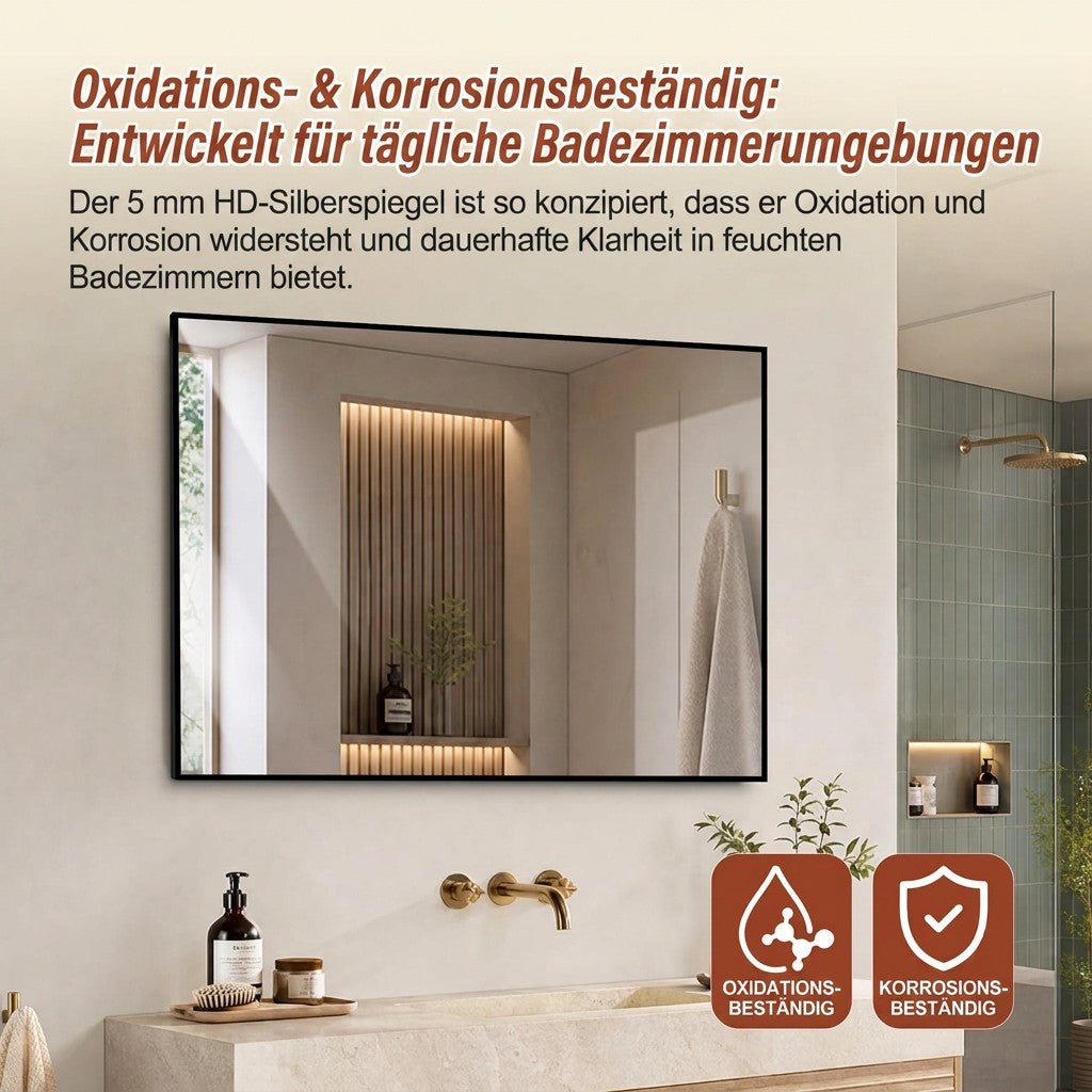 Bathroom Mirror 60x80 cm, HD Wall Mount, Black Aluminum Frame