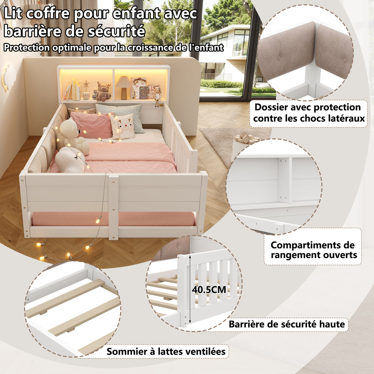 Flatbed Kids Bed 90x200cm with LED Light & Railings, White