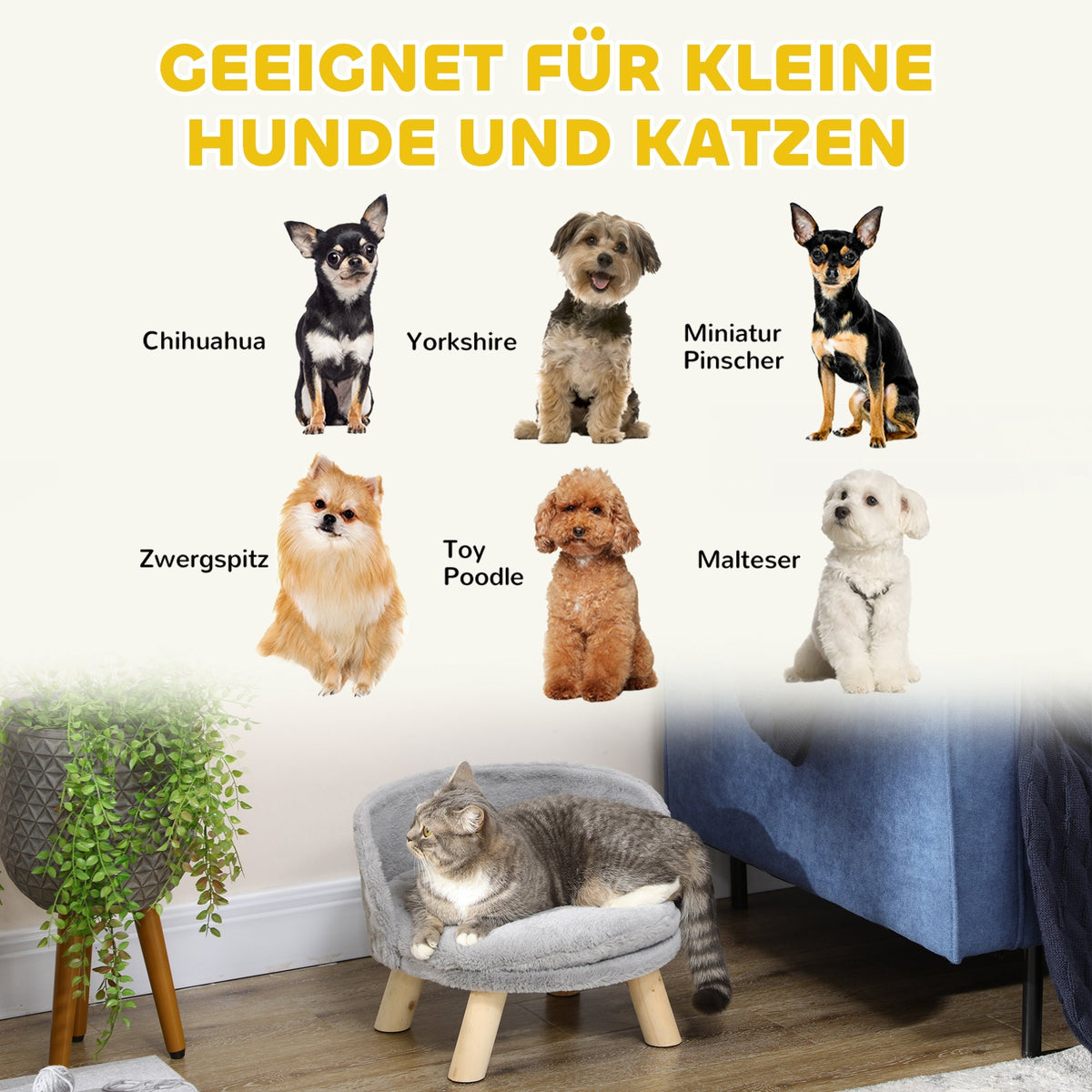 PawHut Dog Bed Cat Bed Sofa with Non-Slip Wooden Feet and Cushion, Grey