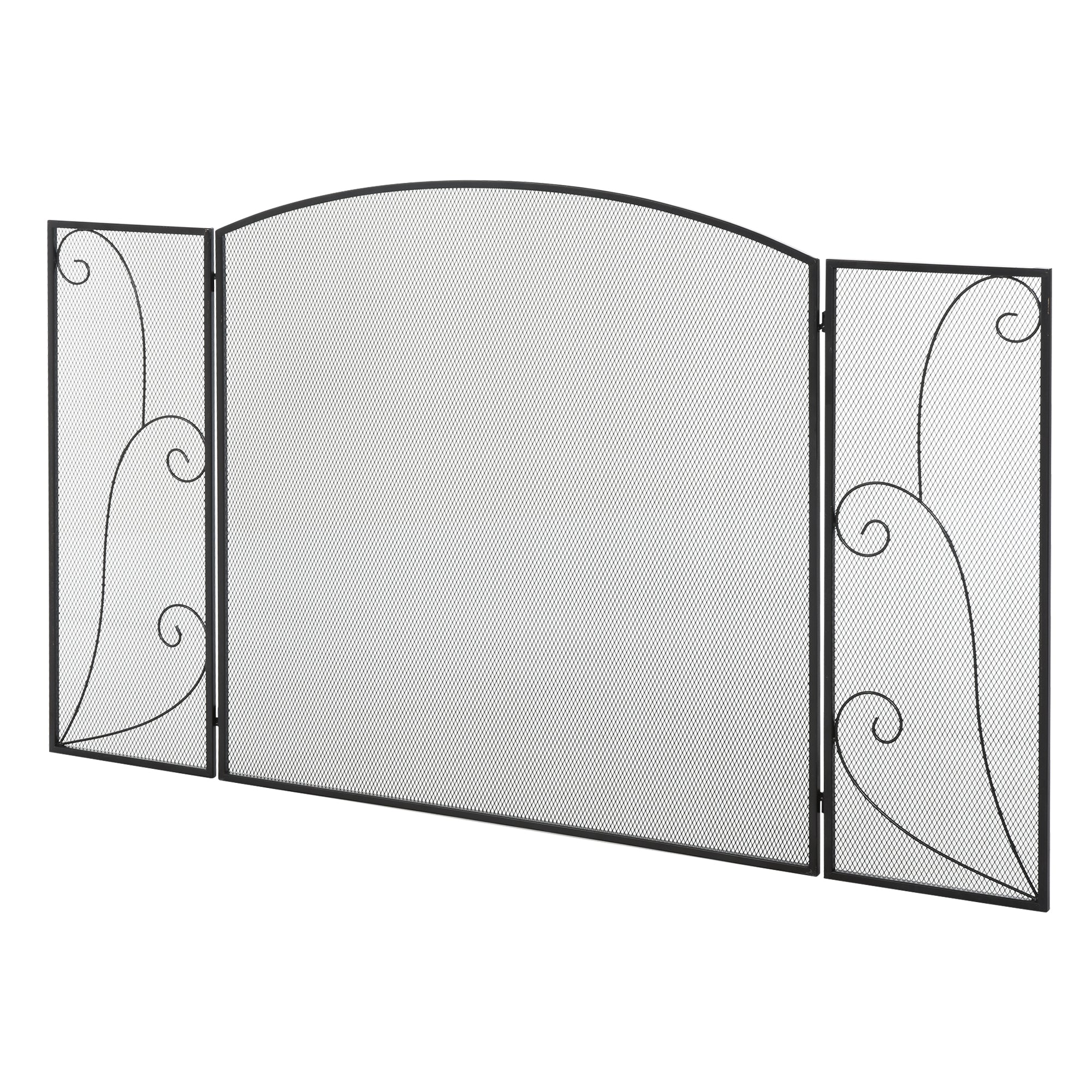 Fireplace Grate, 3-Panel Foldable Spark Guard, Metal Black