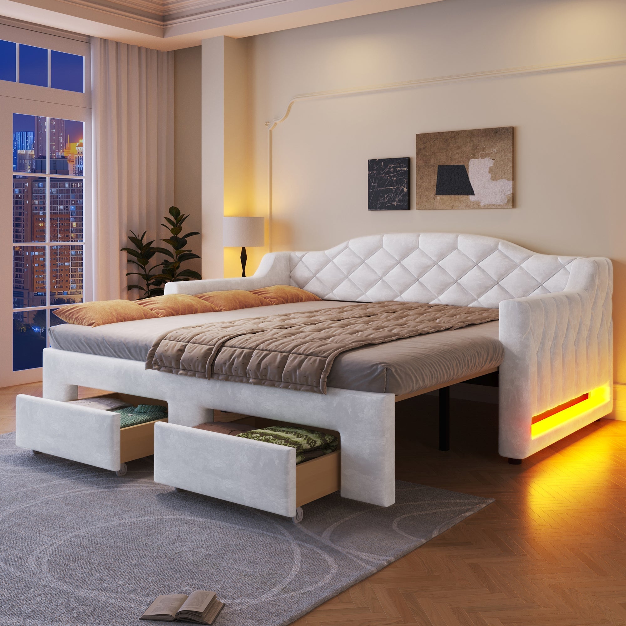 Upholstered Daybed with Two Drawers and LED Lighting, 90x200 to 180x200cm, White
