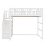 Children's Bunk Bed with Stairs, Safety Railing, Star/Moon Decoration, Solid Wood, White
