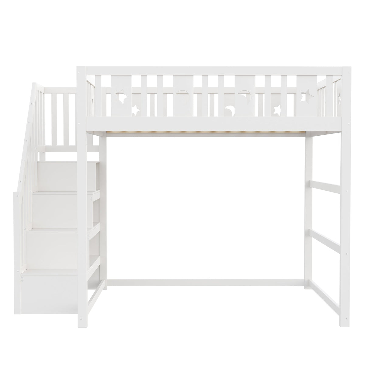Children's Bunk Bed with Stairs, Safety Railing, Star/Moon Decoration, Solid Wood, White