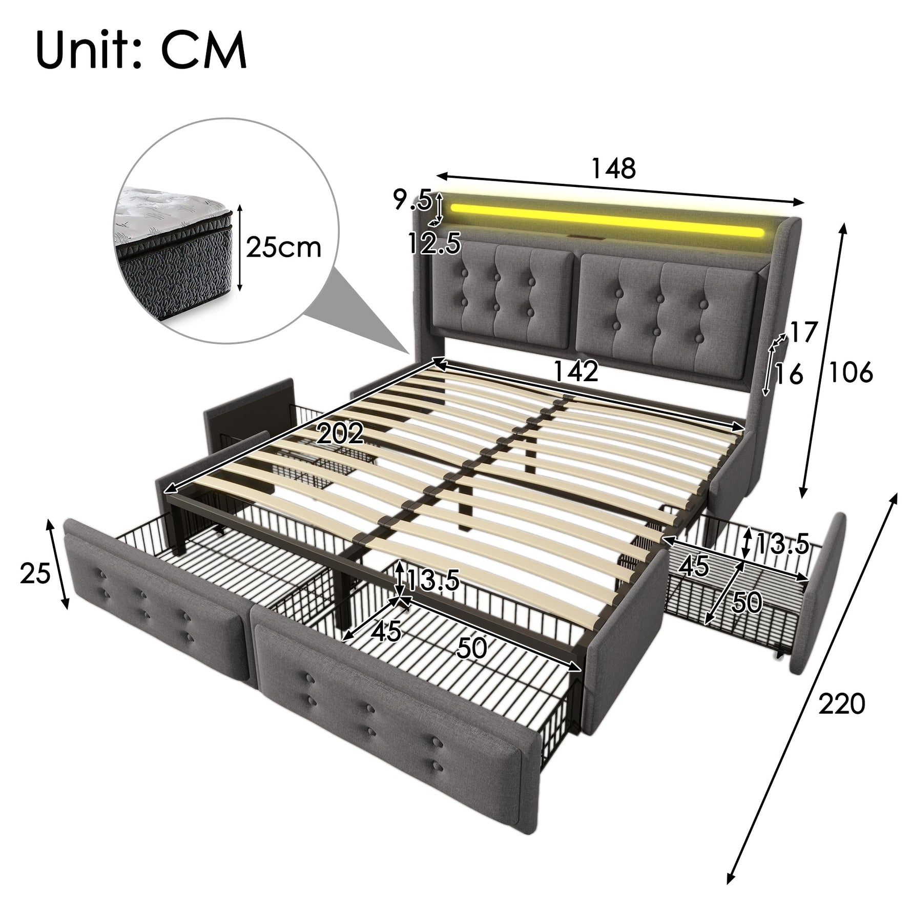 Upholstered Bed 140x200, LED Headboard with USB-C, 4 Storage Drawers, Gray Cotton