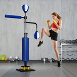 Boxing Stand Adjustable Height with Two Speedballs, Rotating Bar, Kick Pads Steel, Blue