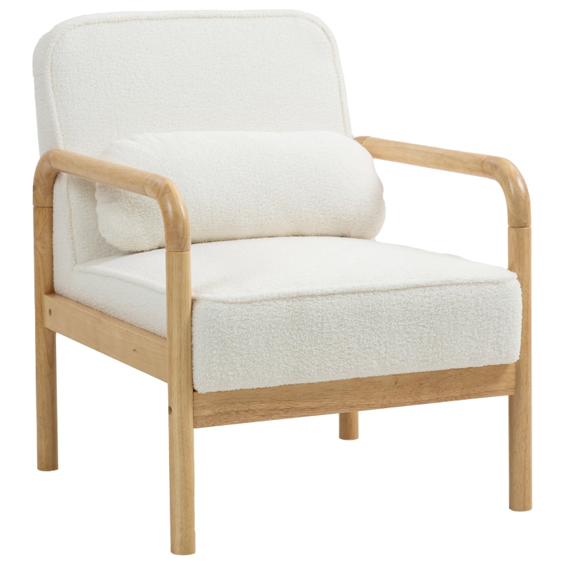Armchair, Lounge Chair with Armrests, Wooden Legs, Bouclé Look, White