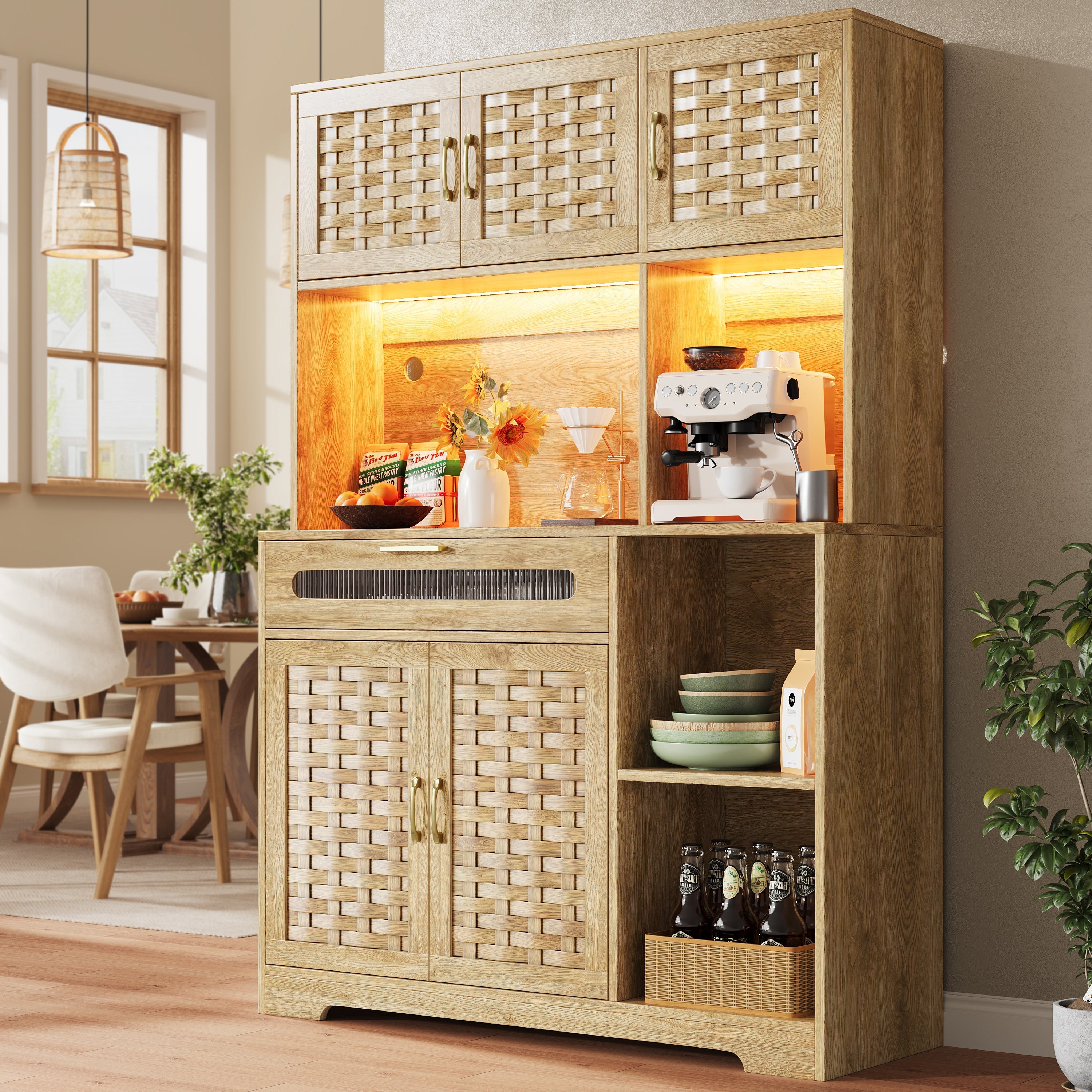 Tall Display Cabinet 120x40x180cm with LED Drawers Woven Doors - MDF