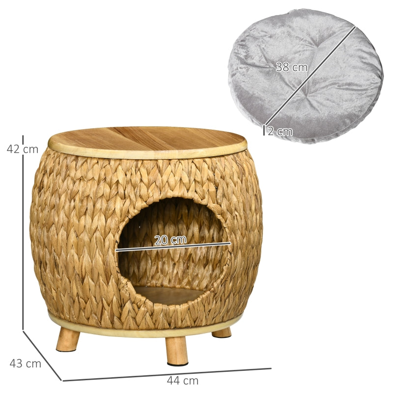Cat Cave, Water Hyacinth Grass with Washable Cushion, Light Brown + Natural Wood + Grey