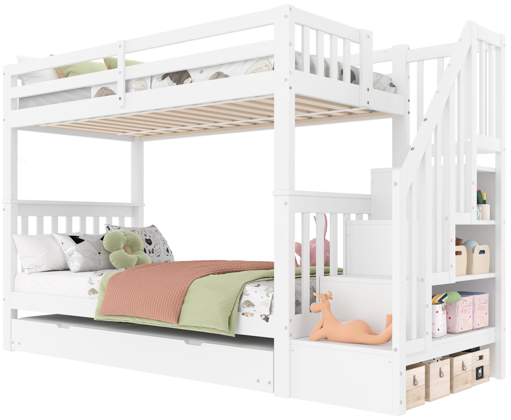 Bunk Bed with Stair Shelf and Pull-out Trundle Bed, 90x200cm, White