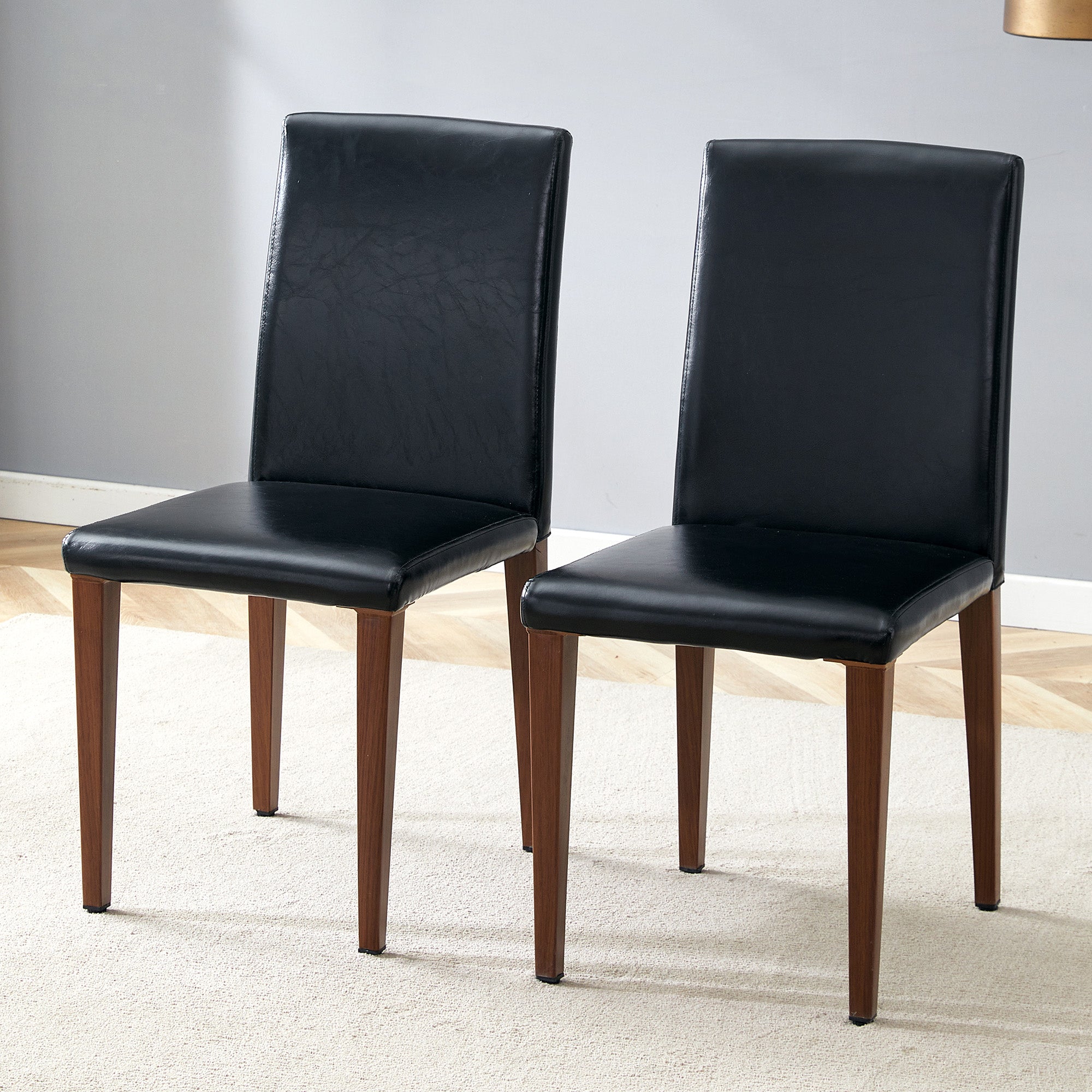 Minimalist Dining Chairs Set of 2, Ergonomic PU Leather with Metal Legs, Black and Walnut Finish