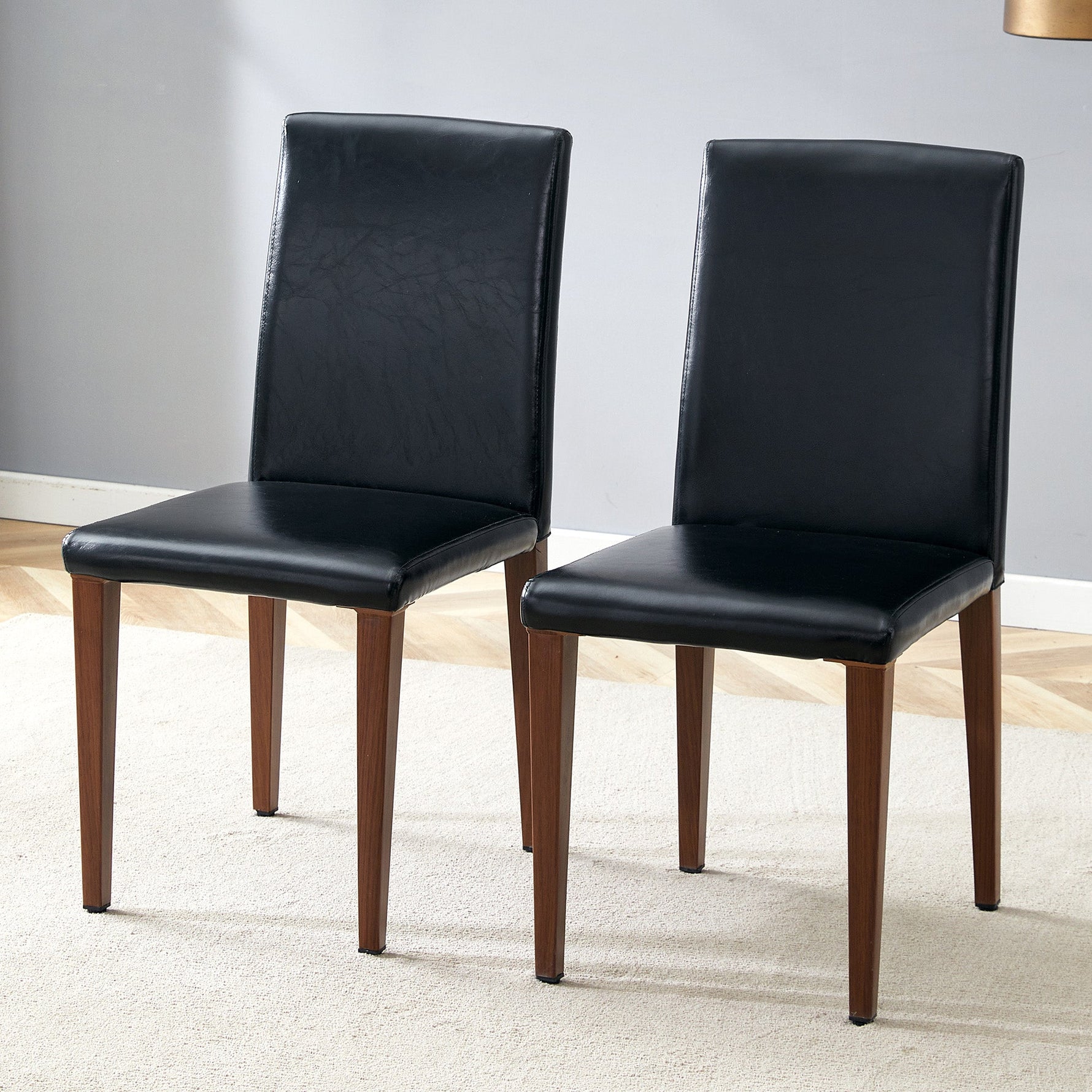 Minimalist Dining Chairs Set of 2, Ergonomic PU Leather with Metal Legs, Black and Walnut Finish