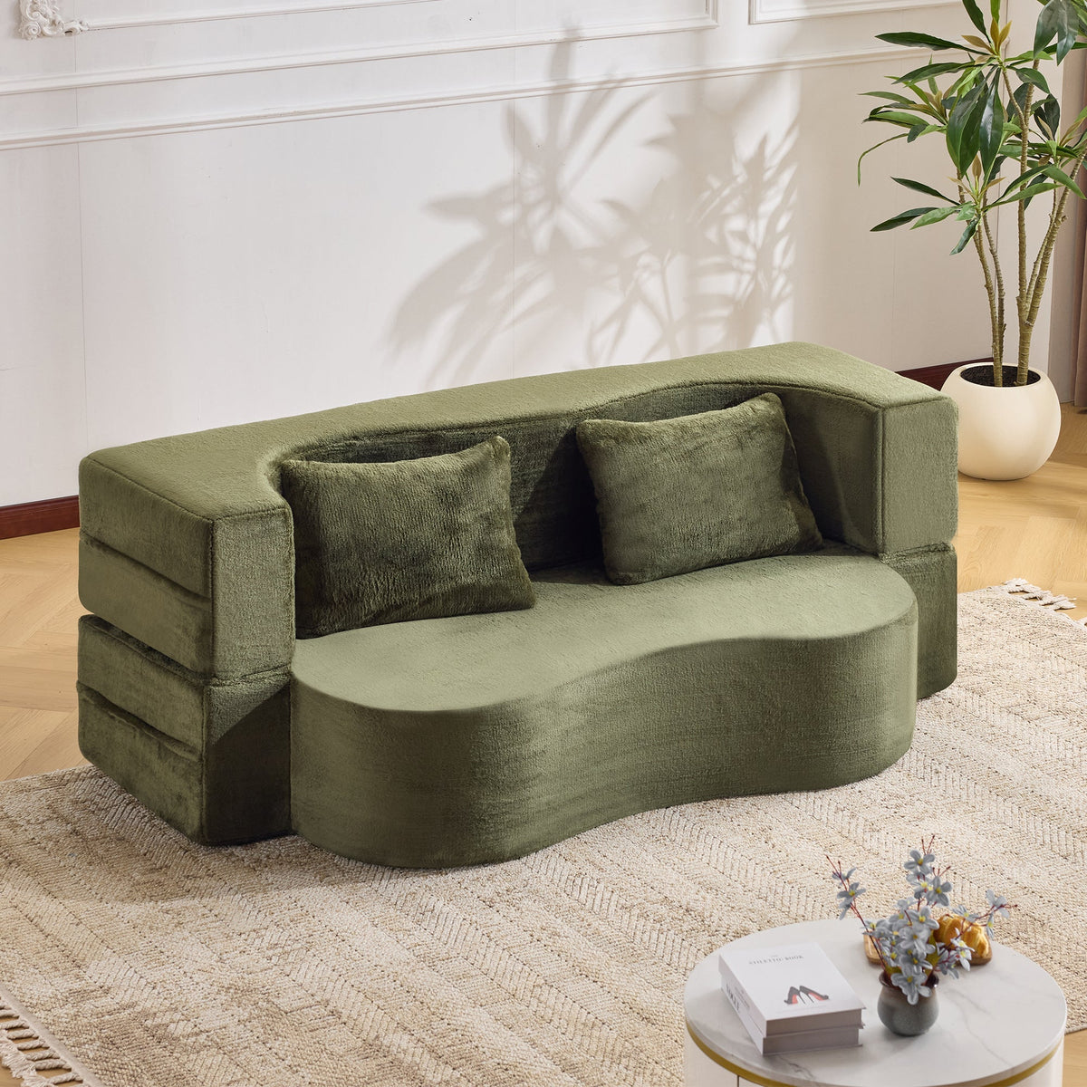 Large Dual-Purpose Futon Sleeper Sofa, Assembly-Free and Foldable Floor-Standing Couch, Green