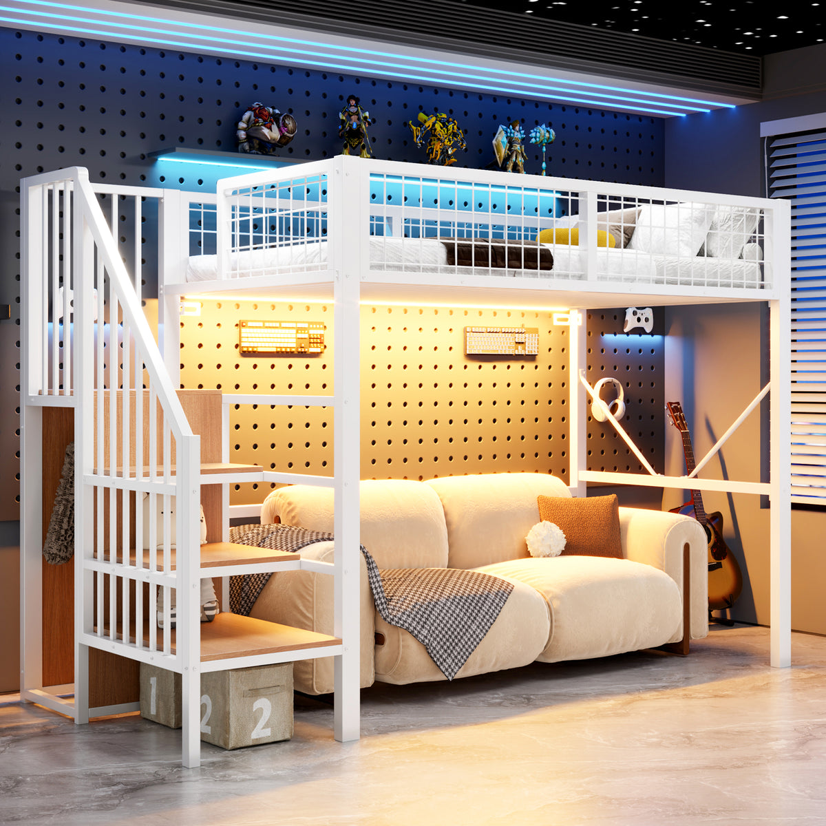 Loft Bed 90x200 cm with Ladder, Storage & LED Light, White Metal