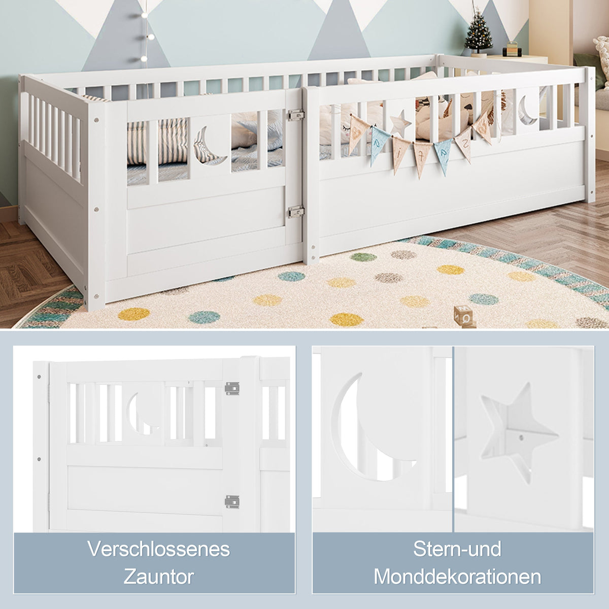 Panel Bed, Children's 90 x 190 cm with Railing Star & Moon Decoration, White