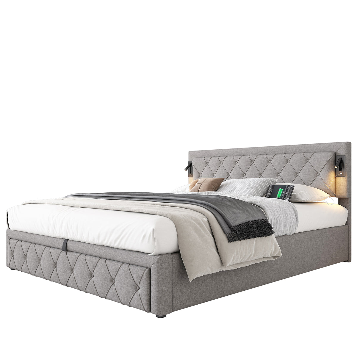 Upholstered Storage Bed 180x200 with USB & LED, Grey Linen