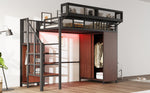 Metal Loft Bed 90 x 200 cm with Wardrobe, Safety Ladder and LED Lighting, Black
