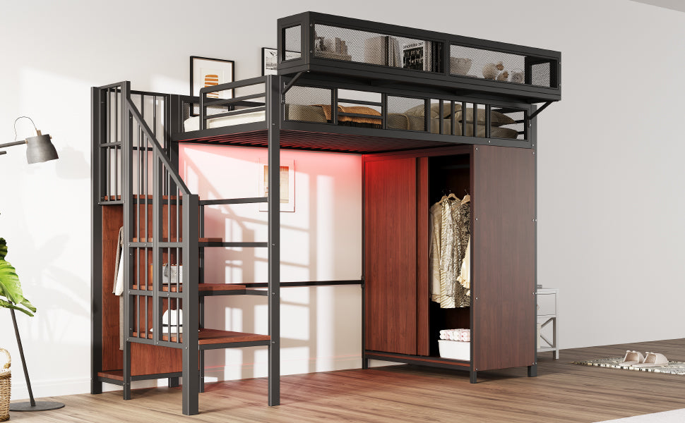 Metal Loft Bed 90 x 200 cm with Wardrobe, Safety Ladder and LED Lighting, Black