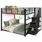 Metal Bunk Bed 140x200cm with Storage Stairs & LED Light, Black