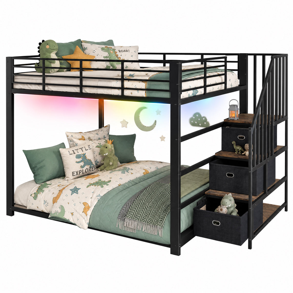 Metal Bunk Bed 140x200cm with Storage Stairs & LED Light, Black
