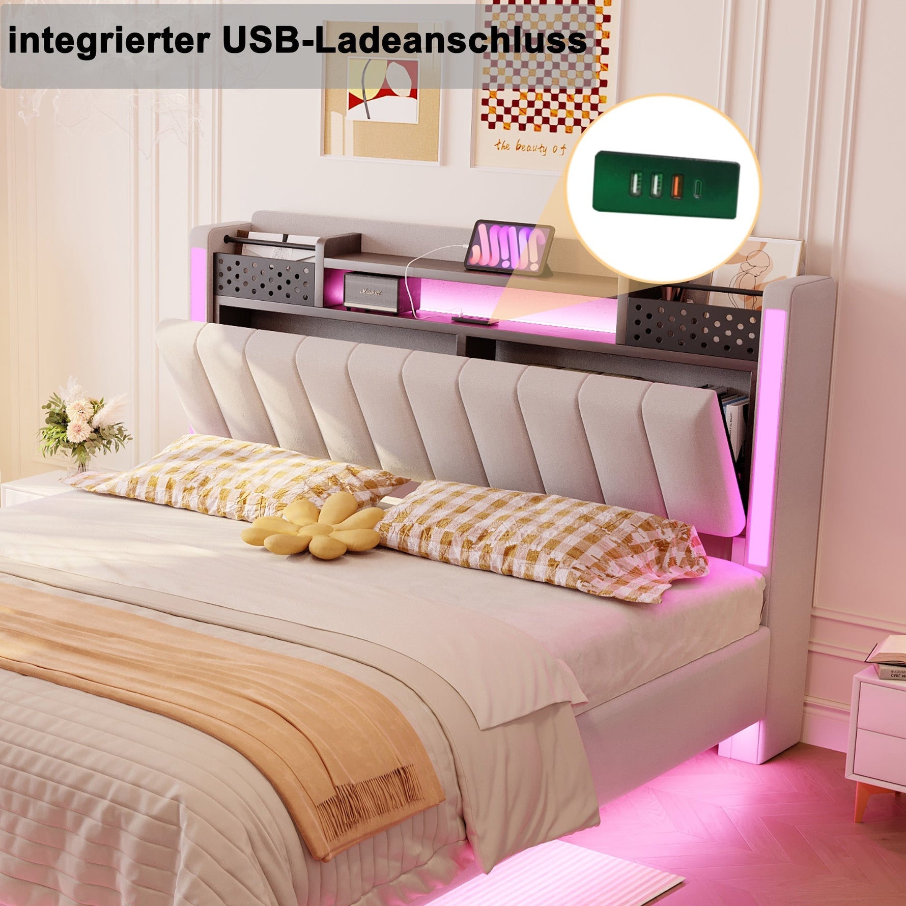 Upholstered Bed 140*200, LED, USB, Storage Headboard, Floating Design, Linen Beige