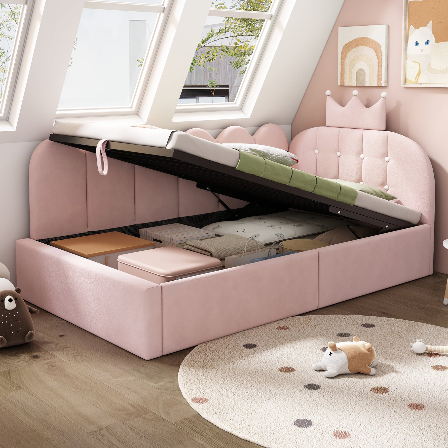 Upholstered Daybed with Hydraulic Storage and Crown-Lattice Design, 90x200cm, Pink Velvet