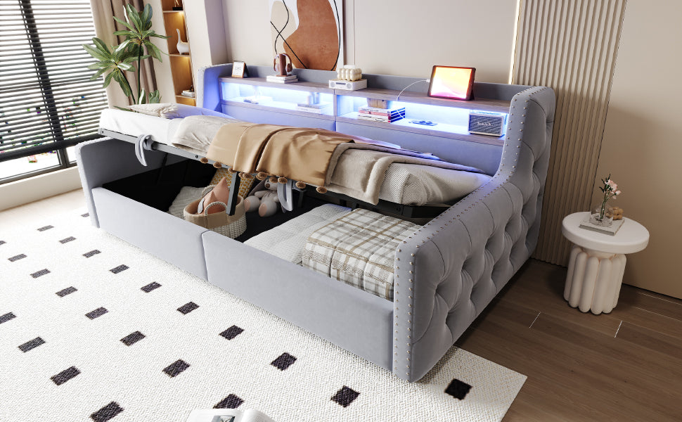Upholstered Sofa Bed with Hydraulic Storage, LED, and Charging Port, 90x200cm, Light Grey