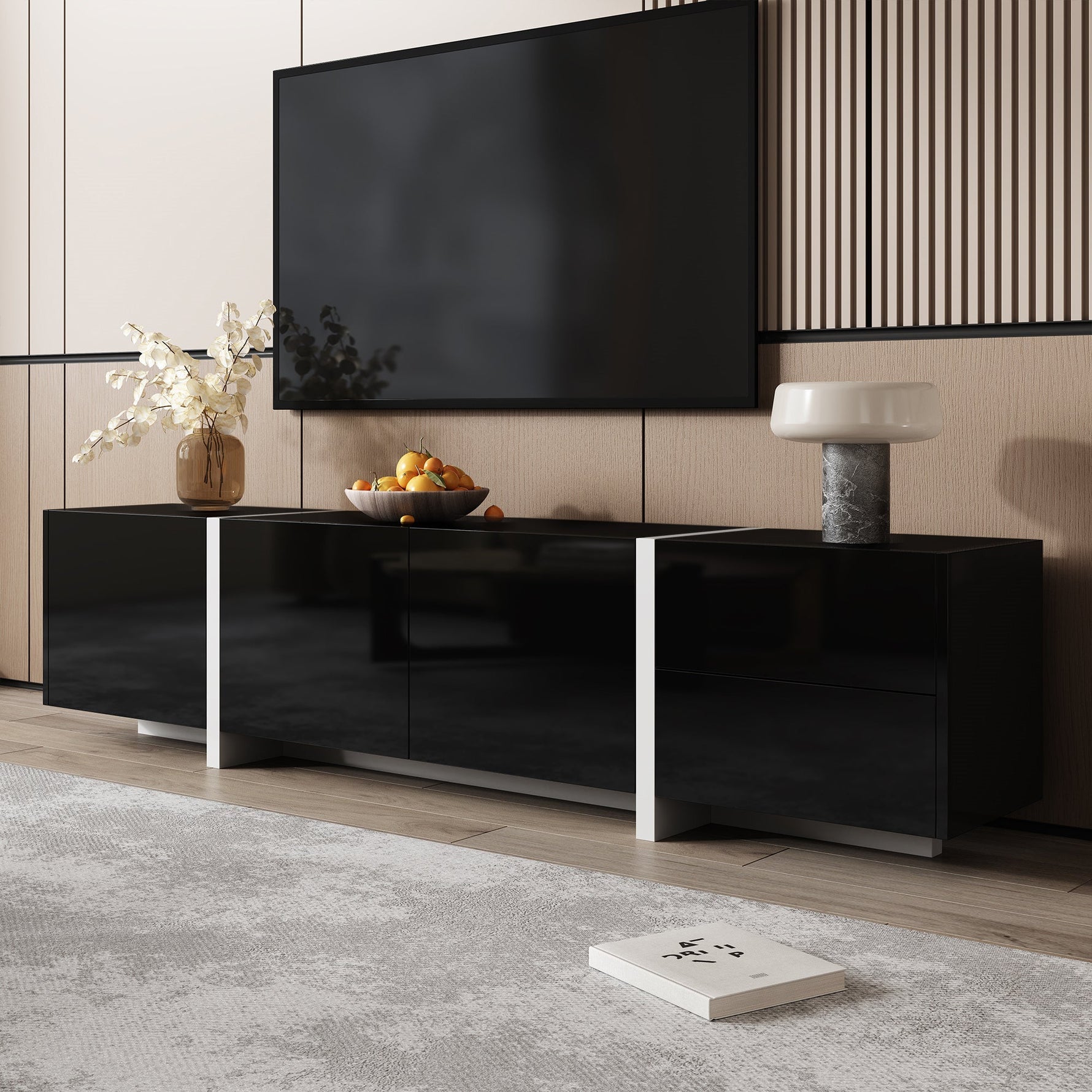 TV Stand Low Cabinet with LED Light Strip, Black/White