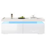 Coffee Table LED High-Gloss with 2 Drawers Geometric Design White