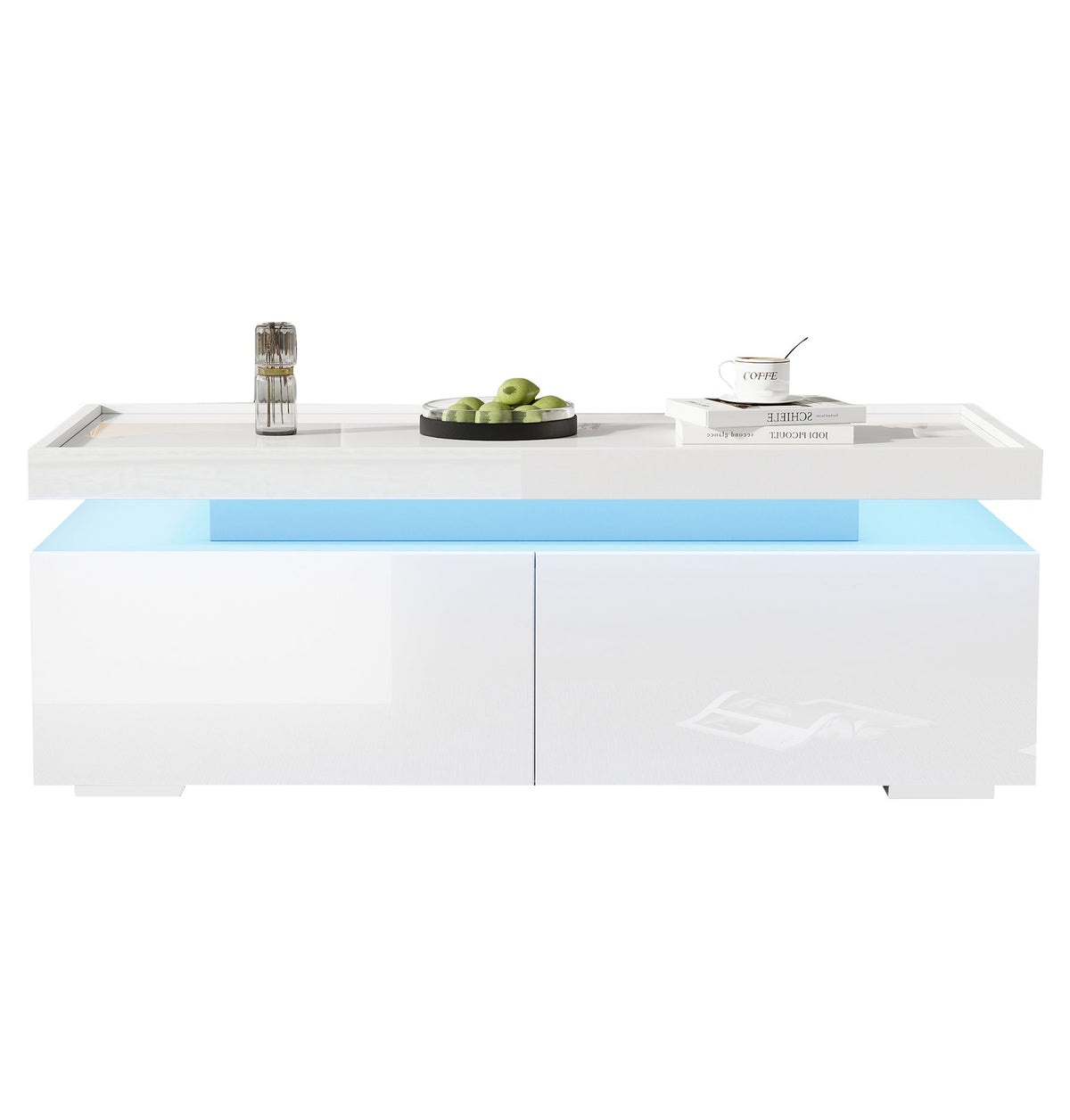 Coffee Table LED High-Gloss with 2 Drawers Geometric Design White