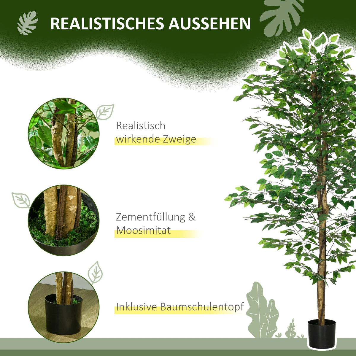 Artificial Ficus Tree, Realistic, Easy-Care, 180cm, Green