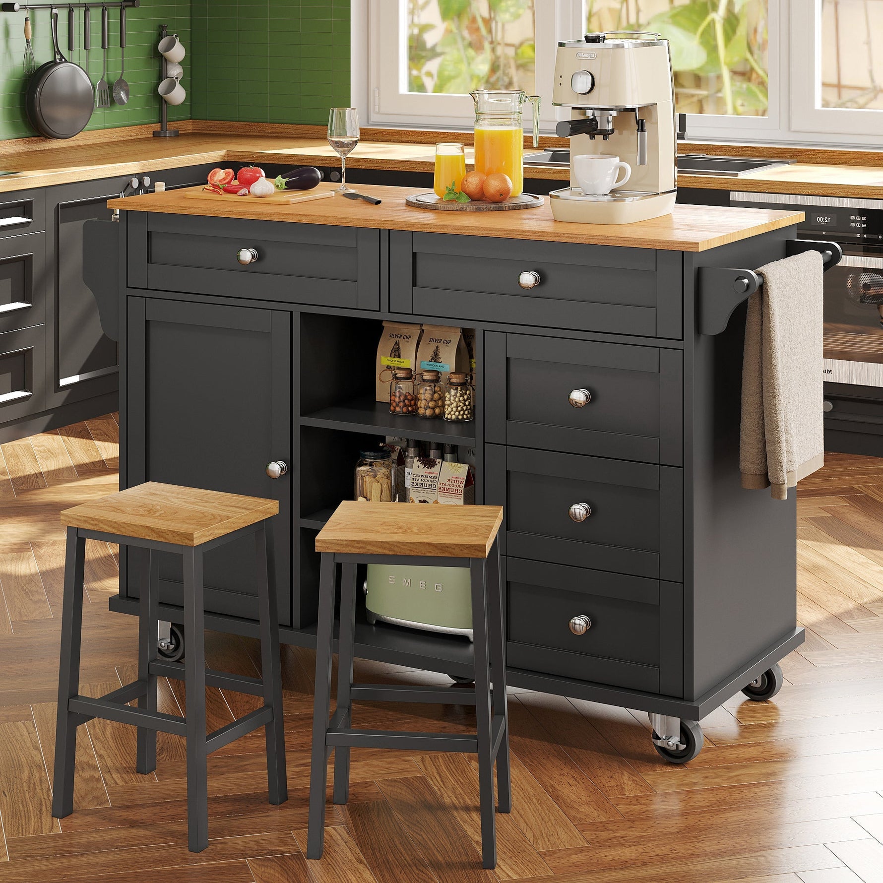 Dining Trolley 134x46x92cm Mobile & Stationary Storage Cabinet Black
