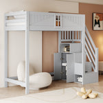 Solid Wood Loft Bed with Safety Door and Storage Ladder, 90 x 200 cm, Grey