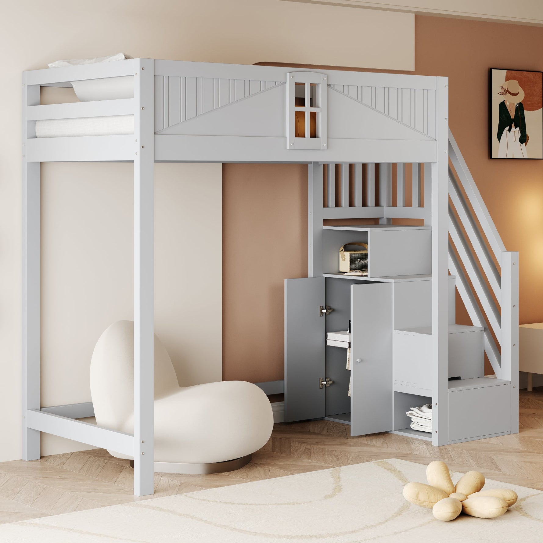 Solid Wood Loft Bed with Safety Door and Storage Ladder, 90 x 200 cm, Grey