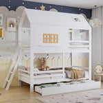 Children's Bunk Bed with Roof, Windows & Drawers, White Pine