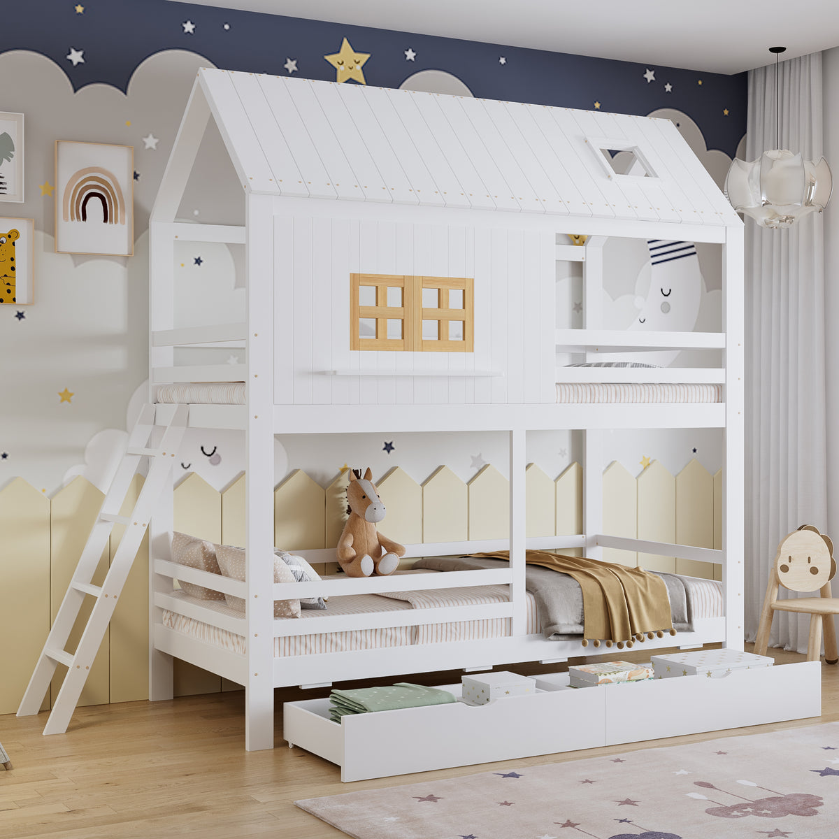 Children's Bunk Bed with Roof, Windows & Drawers, White Pine
