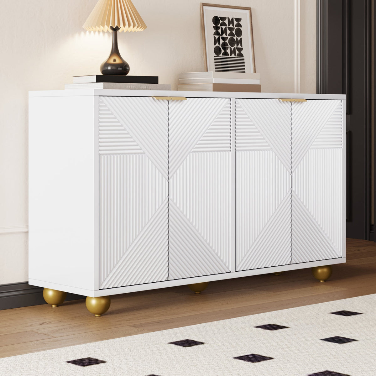 Sideboard with Four Molded Doors and Adjustable Shelves, Wood and Metal