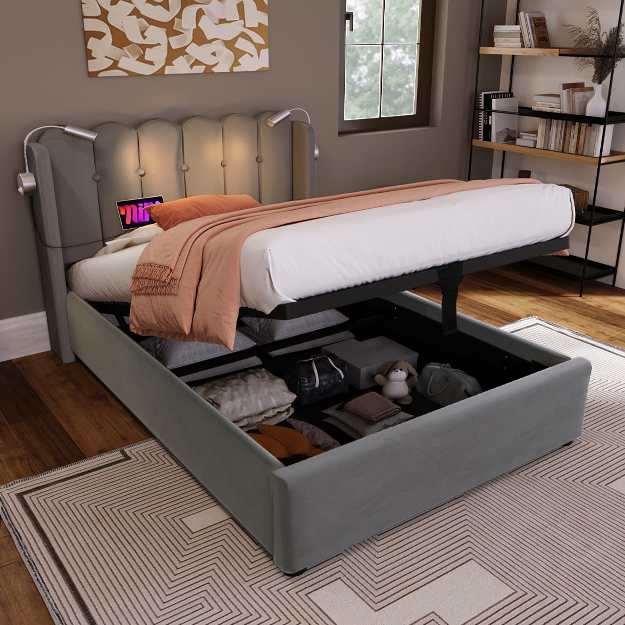 Upholstered Bed, Single with Reading Light, Charging & Storage Headboard, Velvet Gray