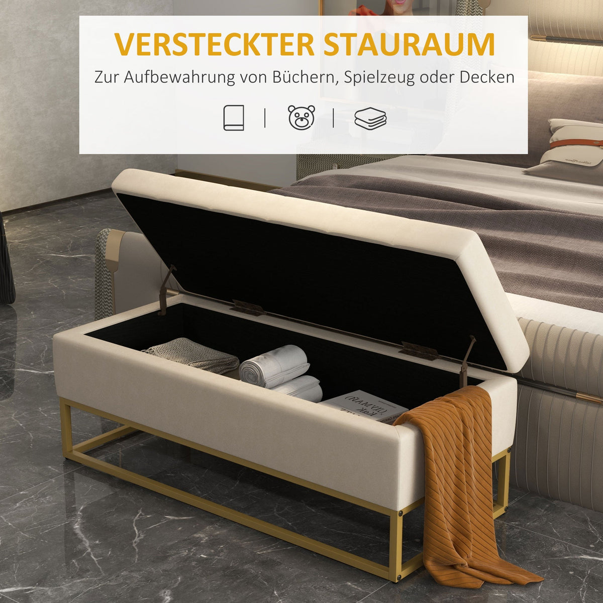Bench with Storage, Upholstered, Folding Lid, Velvet Beige