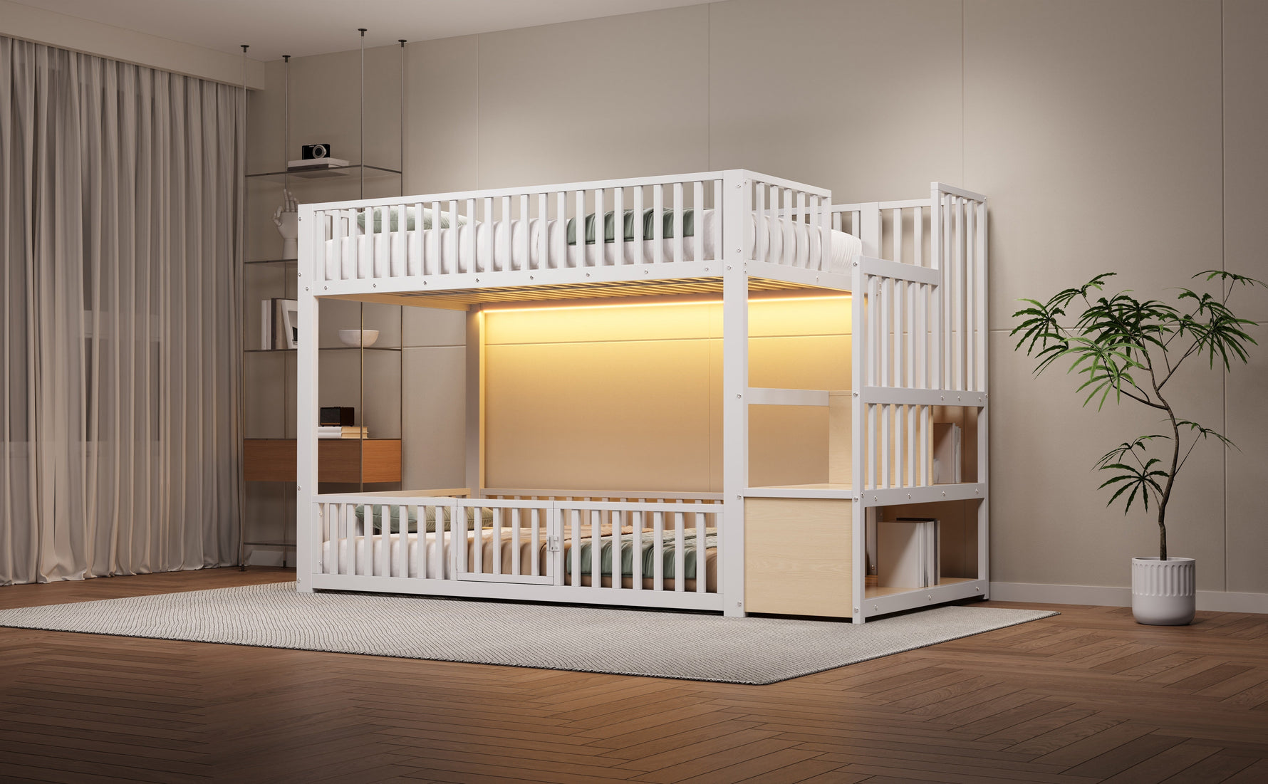 Bunk Bed with Storage Ladder and LED, 90x200cm, White