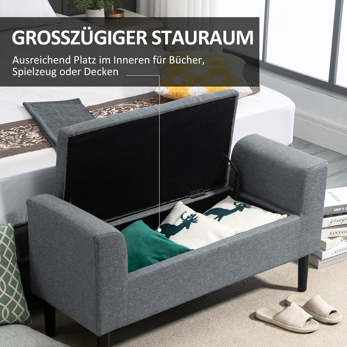 Storage Bench, Upholstered with Wooden Legs, Light Grey