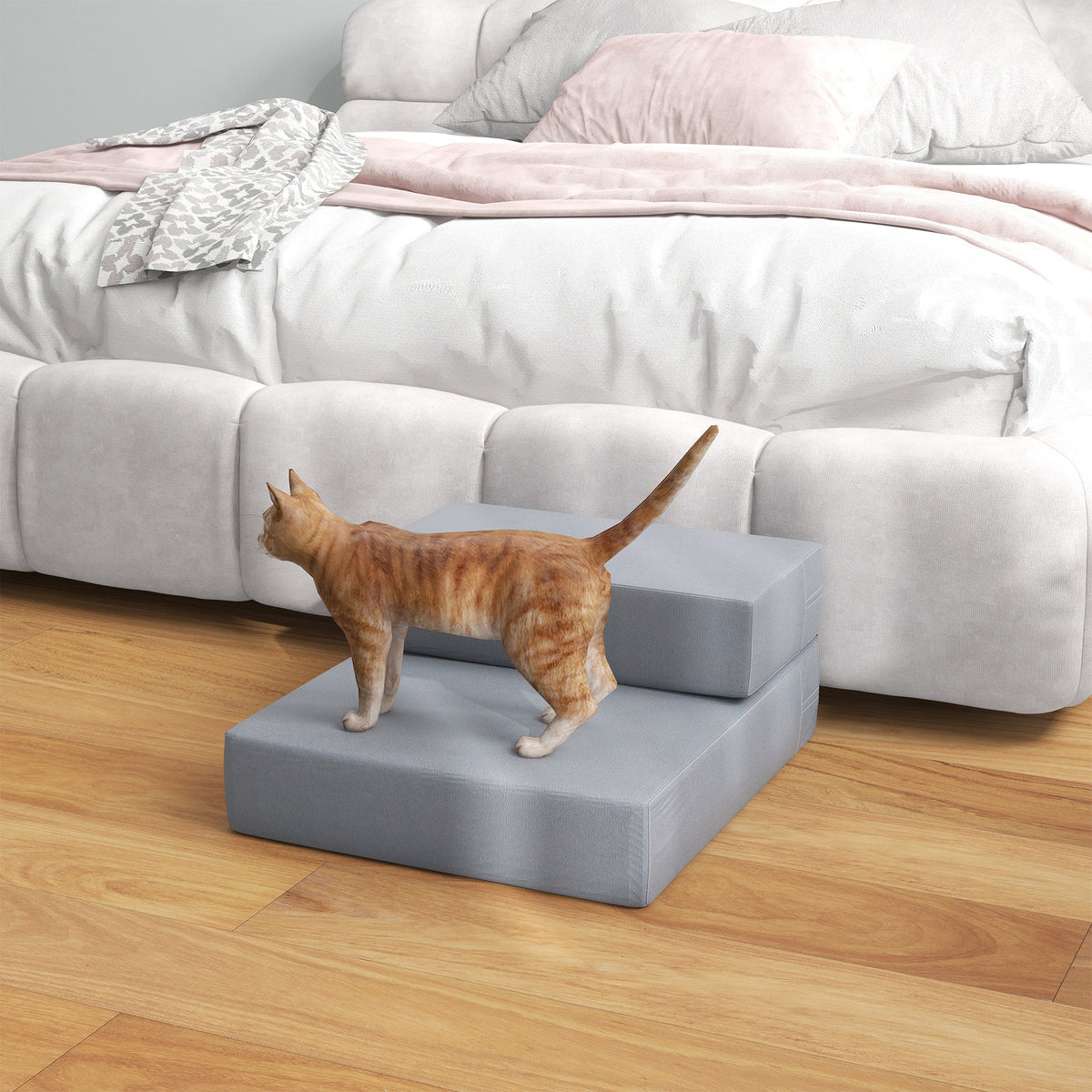 Pet Stairs, 2 Steps Foldable, Dog Stairs, Grey PU Leather