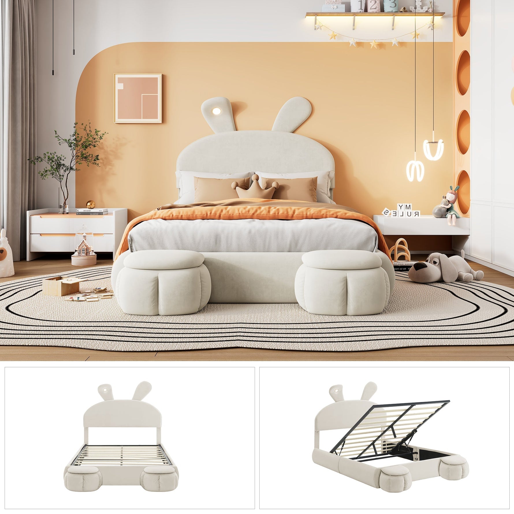 Upholstered Bed, Hydraulic with Rabbit Ears & Storage, Velvet Beige