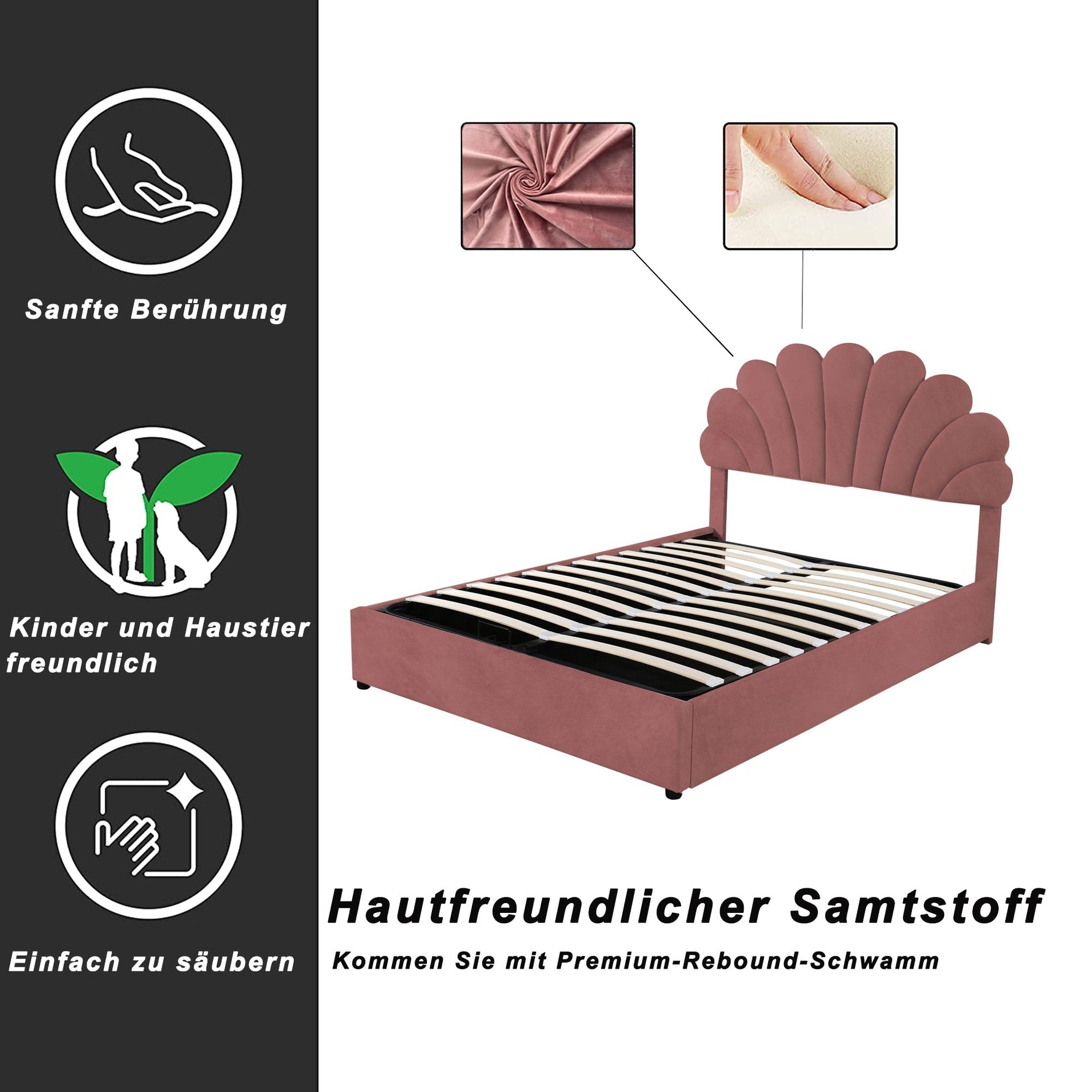 Upholstered Bed, 140x200cm, Floral Headboard, Hydraulic Storage, Pink Velvet