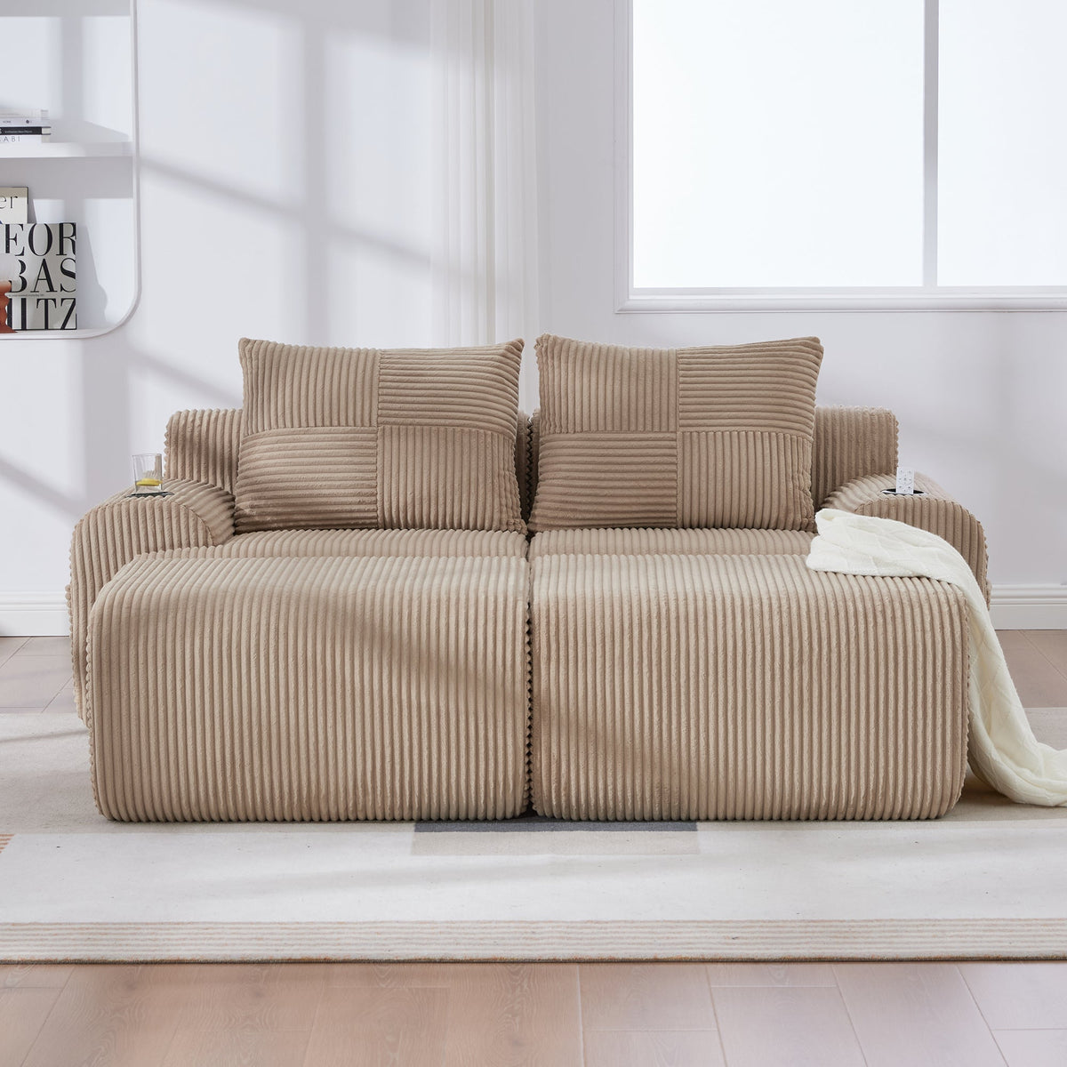 Modular Sofa 2-Person 2 Ottomans Cup Holder Storage Corduroy Khaki