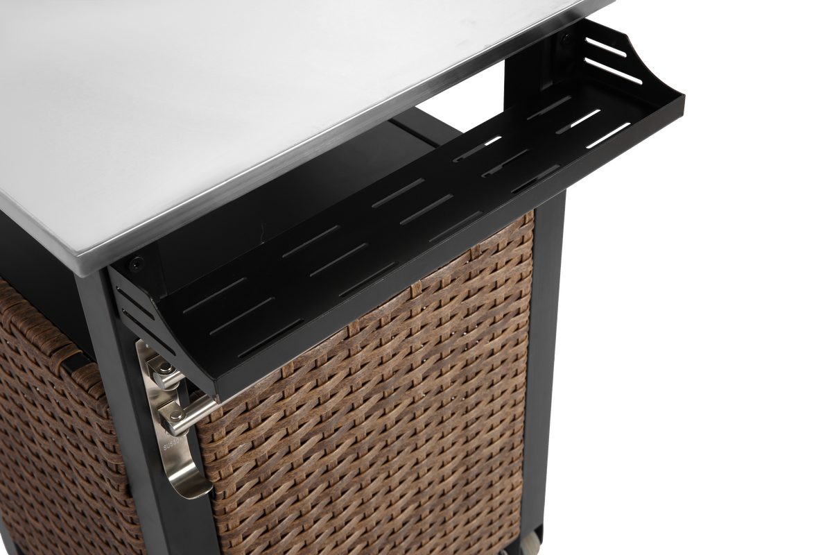 Bar Cart, Outdoor Kitchen Wicker Island Rolling with Stainless Steel Top, Brown